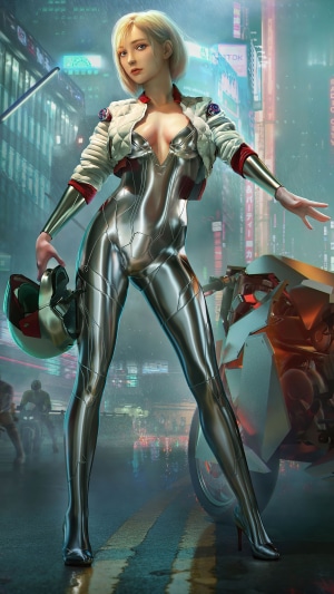 Cyberpunk woman in metallic suit holding helmet