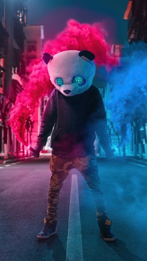 Panda artist with pink and blue smoke