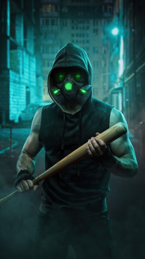 Man in hoodie and gas mask with baseball bat