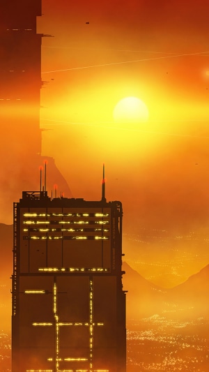 Sci-fi cityscape at sunset with futuristic building