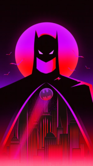 Batman Artwork with Cityscape and Bat-Signal