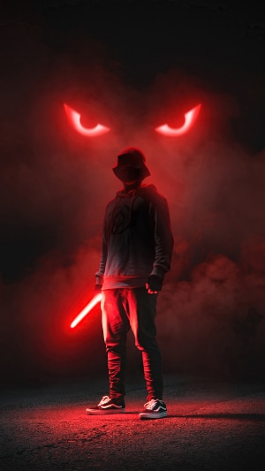 Man with red lightsaber and demon eyes