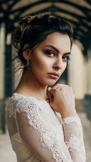 Model in a white lace dress