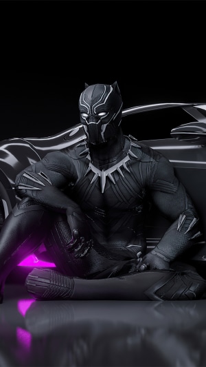 Black Panther sitting next to Bugatti La Voiture Noire