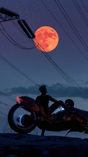 Cyberpunk biker under a blood moon