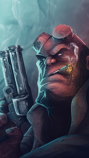 Hellboy with a gun and cigar, artwork