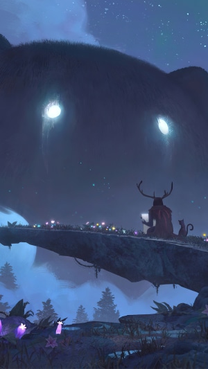 Giant creature with glowing eyes over a person and cat