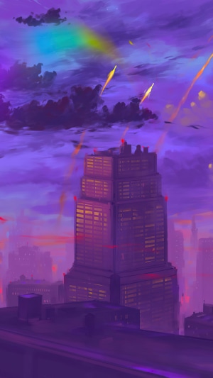 Digital art of a city at twilight with a rainbow