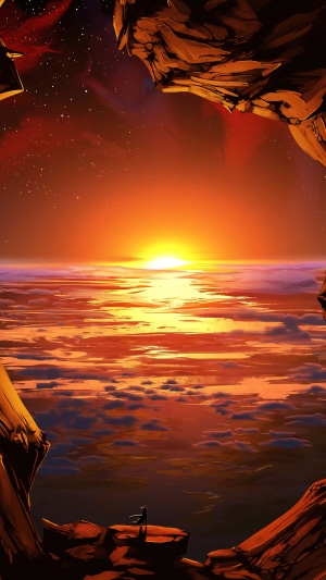 Digital art of a sunset over clouds with a figure on a cliff