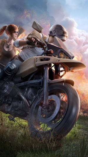 PlayerUnknown's Battlegrounds characters on a motorcycle