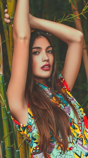Paula Riba in colorful pop art dress