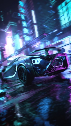 Sci-fi car driving through a neon city at night