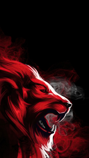 Digital art of a roaring lion with red smoke