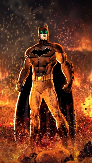 Batman in a fiery environment