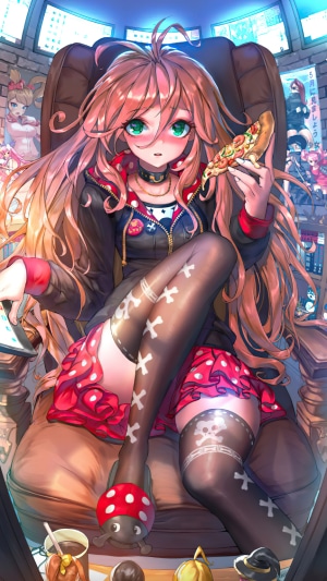 Anime girl eating pizza in a chair