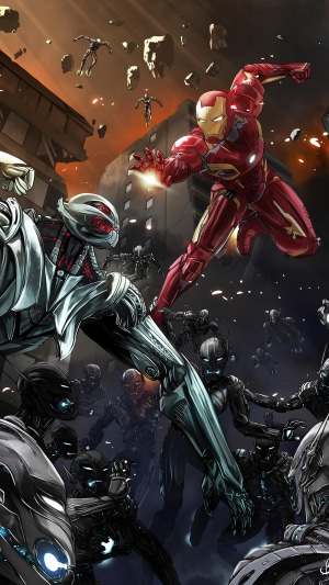 Iron Man fighting Ultron and his army