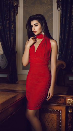 Irina Dreyt in a red dress