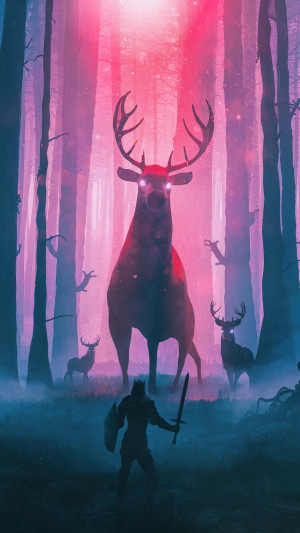 Giant glowing reindeer in a forest with a knight