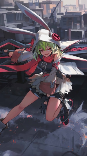 Anime girl with bunny ears in a city