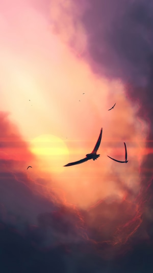 Birds flying at sunset with clouds, digital art