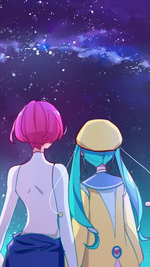 Two anime girls looking at a starry sky