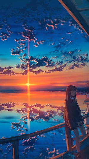 Anime girl watching a sunset over the ocean