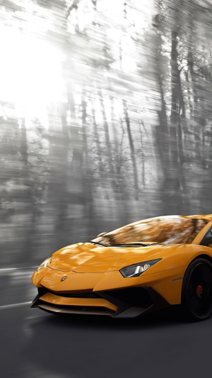 Yellow Lamborghini Aventador driving through a forest