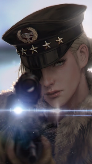 Woman in military hat aiming a rifle