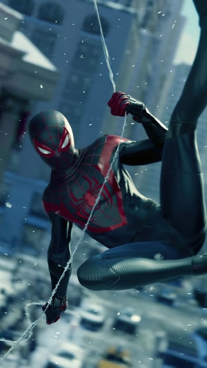 Spider-Man Miles Morales swinging in a city