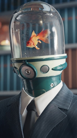 Robot with goldfish bowl head from The Umbrella Academy
