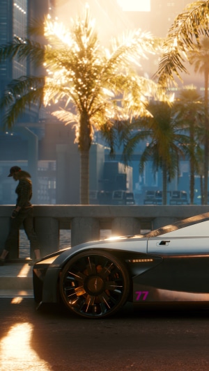 Cyberpunk 2077 car with person leaning on railing