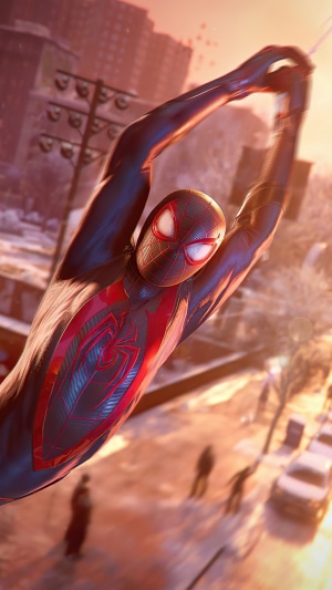 Spider-Man Miles Morales swinging through a city
