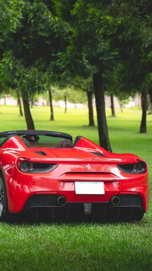 Red Ferrari 488 Spider parked on grass with trees