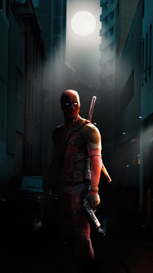 Deadpool in a dark alley with a full moon