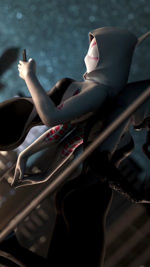 Spider-Gwen from Spider-Verse using a smartphone