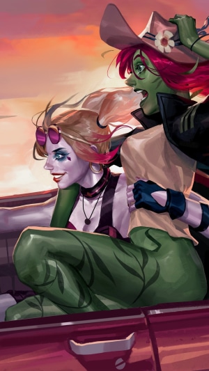 Harley Quinn and Poison Ivy in a car