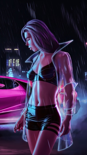 Cyberpunk woman in a transparent coat in the rain