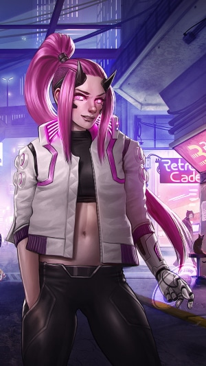 Cyberpunk 2077 character with pink hair and horns