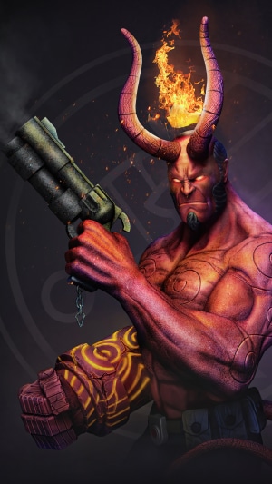 Hellboy with a gun and flames on his head