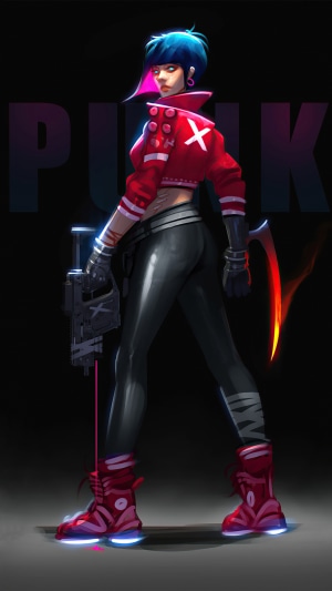 Artwork of a cyberpunk woman with a gun and scythe