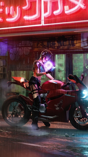 Cyberpunk biker girl with glowing orb and motorcycle