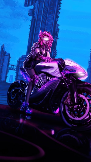 Cyberpunk Biker Girl on Motorcycle