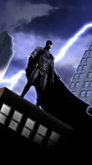 Batman standing on a building during a lightning storm