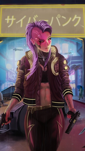 Cyberpunk 2077 character with guns in neon city