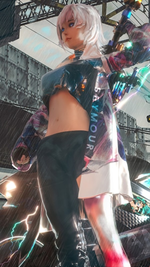 Cyberpunk woman with white hair in the rain