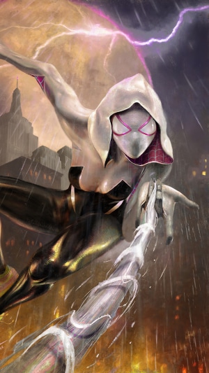 Gwen Stacy as Spider-Gwen in a stormy city