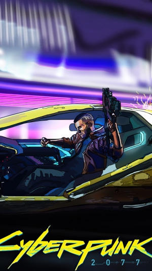 Cyberpunk 2077 art with man in car holding gun