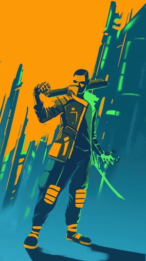 Cyberpunk warrior with sword and bat
