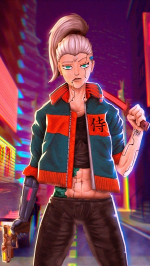Cyberpunk 2077 character with sword and gun