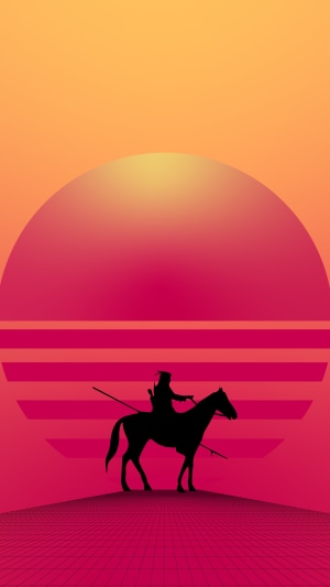 Silhouette of a warrior on horseback against a sunset